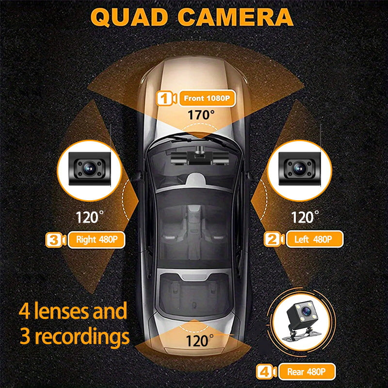 ⏰1080P 4-Channel Dash Cam with Night Vision