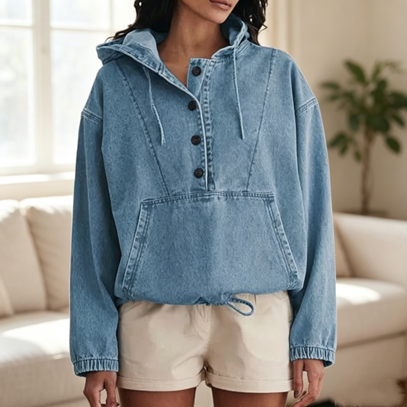 ๐ Denim Comfort, Easy Layers | Women's Oversized Button-Up Denim Hoodie
