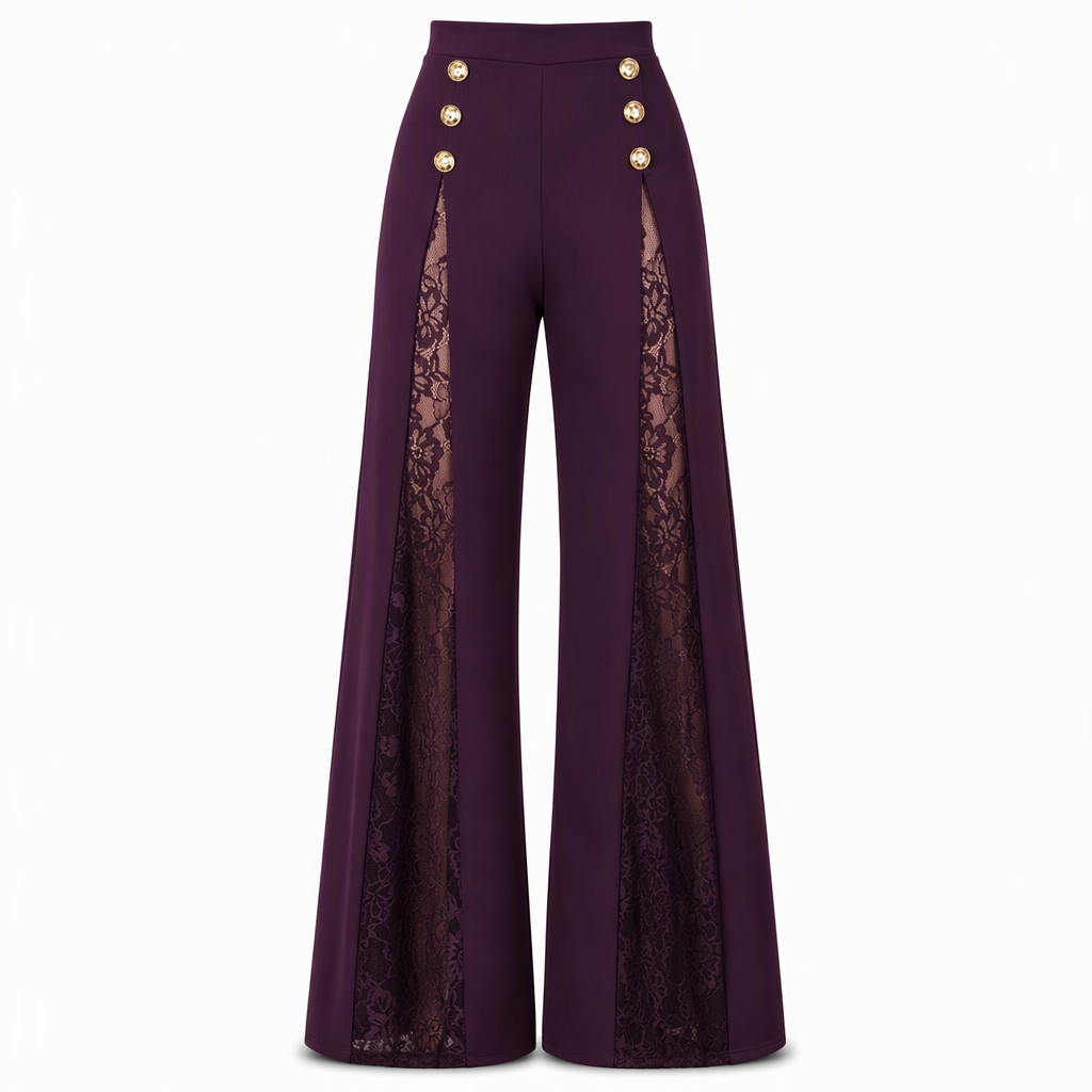 💖Black Friday Mega Deal – 50% off!💖 Women's High Waisted Lace Spliced Wide Leg Trousers with Decorative Gold Buttons