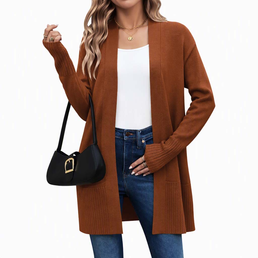 Women's Mid-Length Open Front Knit Cardigan Sweater with Ribbed Cuffs