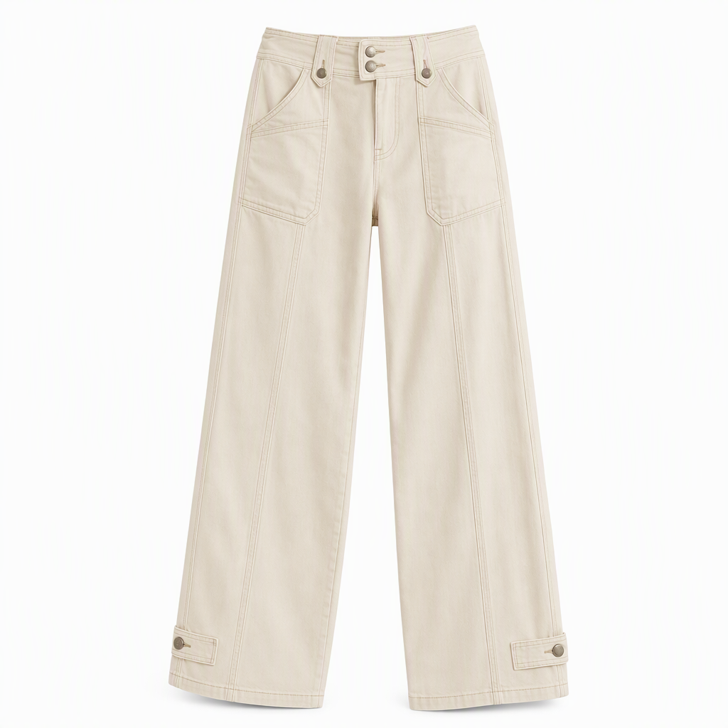 Women's Washed Cotton Blend Utility Wide Leg Pants with Contrast Stitching