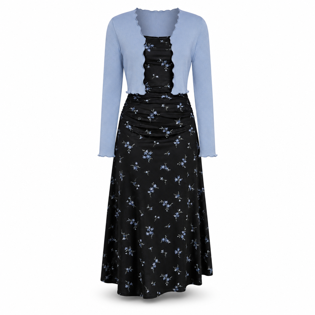 Women's Vintage Floral Slip Dress and Cropped Ribbed Knit Cardigan 2-Piece Set