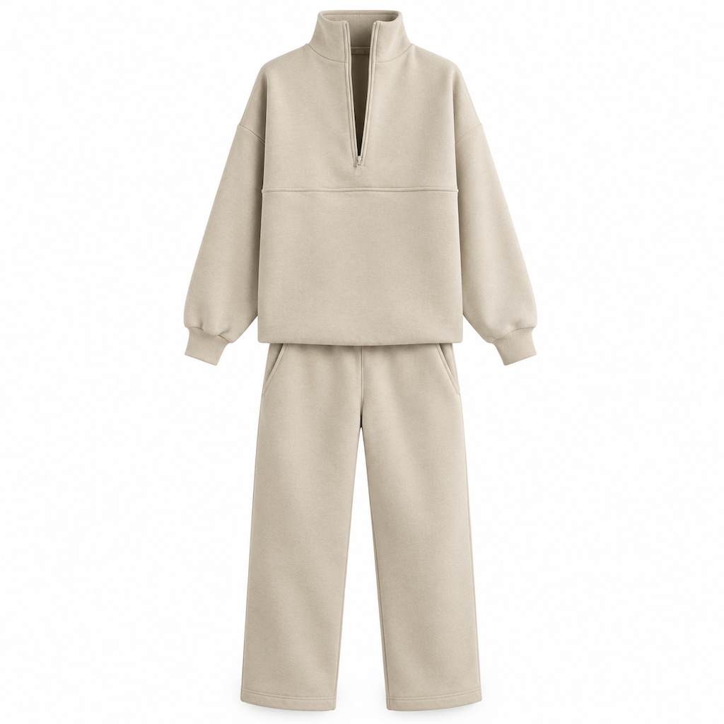 Casual Two Piece Pants Set Solid Color Zip Lapel Collar Top and Long Trousers Outfit for Autumn and Winter