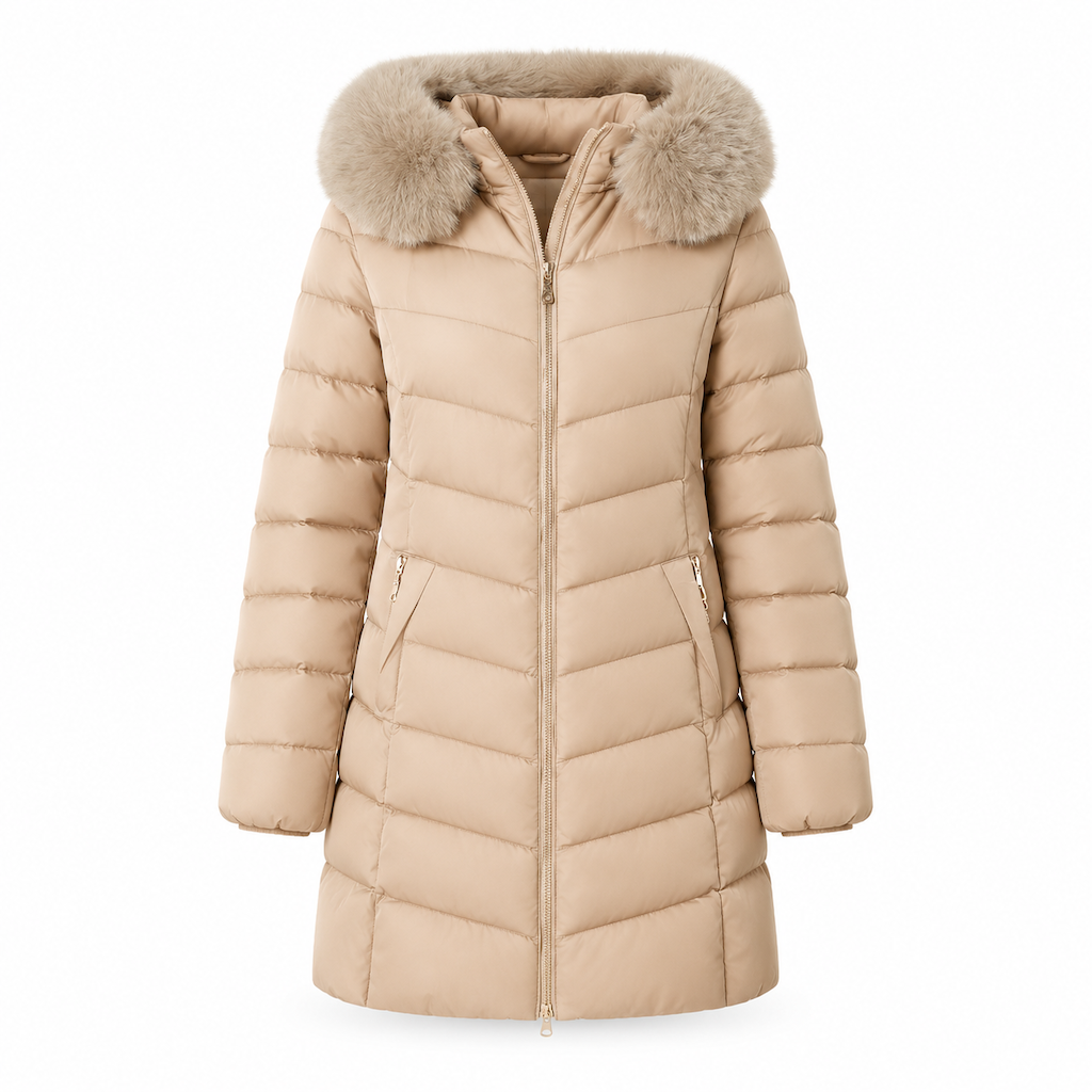 Women Mid-Length Slim Fit Winter Padded Coat with Large Fur Collar Outerwear