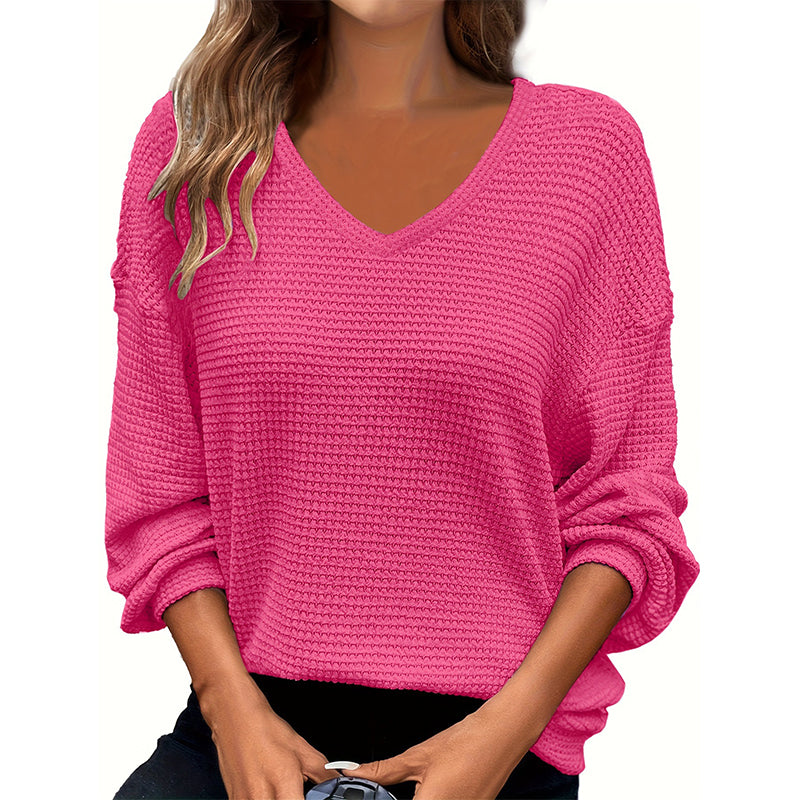 Women's Casual V-Neck Waffle Knit Top
