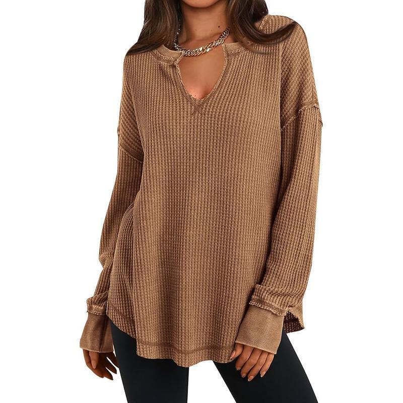 Women's Waffle Knit Long Sleeve V-Neck Top