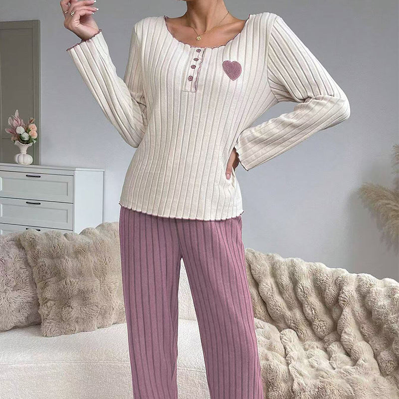🧸Women's Heart Embroidery Ribbed Pajama Set