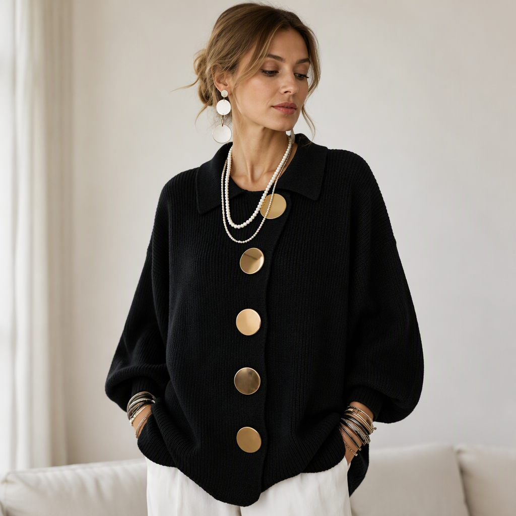 Women's Elegant Lapel Knit Cardigan with Gold Buttons