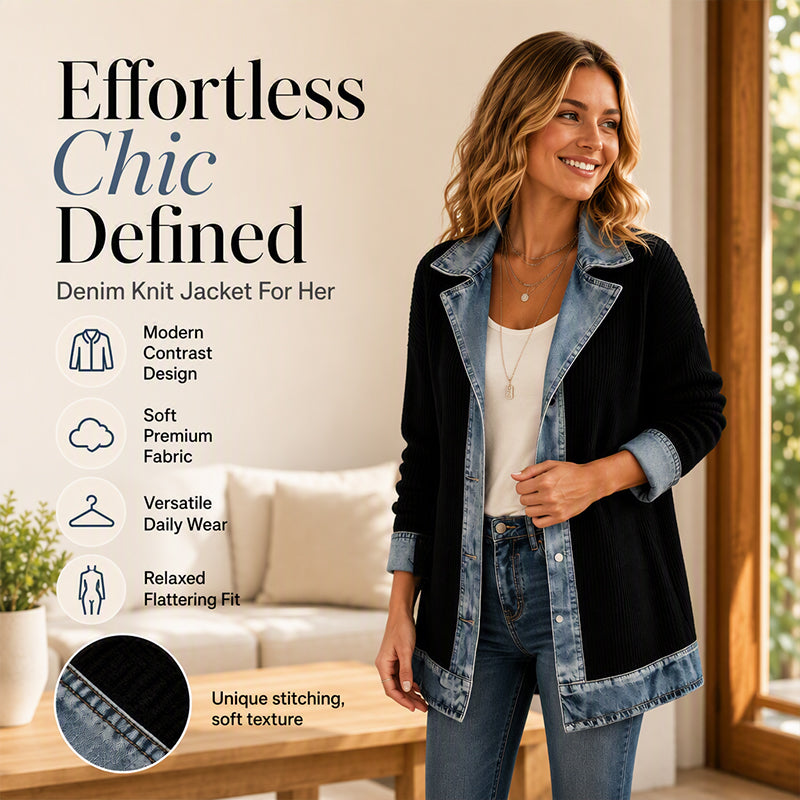 Women’s Elegant Denim Spliced Ribbed Knit Coat