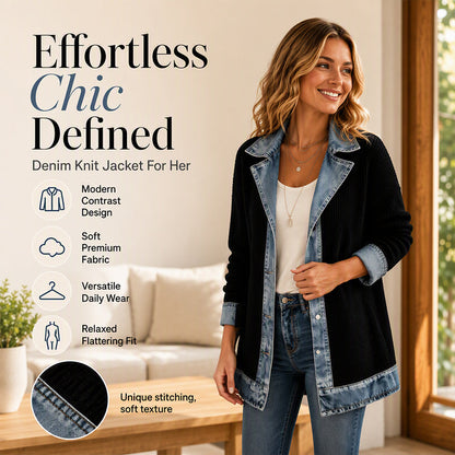 Women’s Elegant Denim Spliced Ribbed Knit Coat
