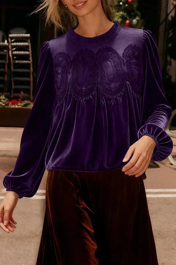 🎅 HOLIDAY HAUL SALE✨Women's Long Sleeve Velvet Trim Lace Blouse Elegant Flared Swing Top