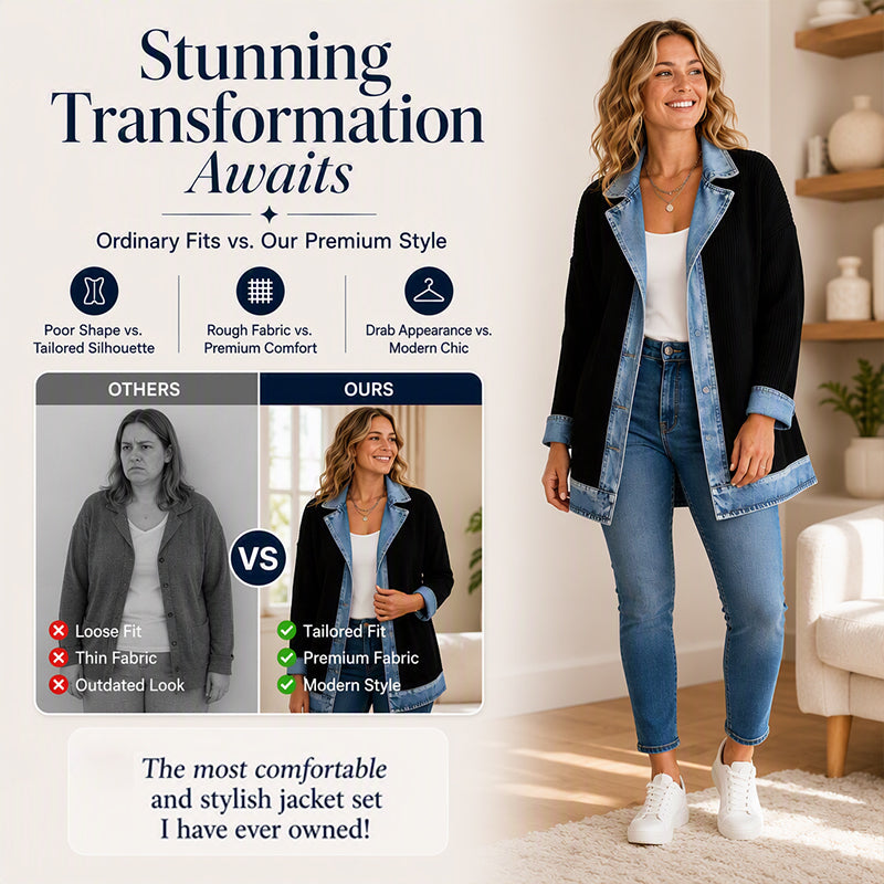 Women’s Elegant Denim Spliced Ribbed Knit Coat