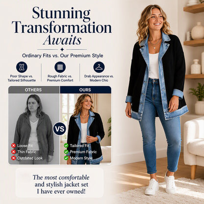 Women’s Elegant Denim Spliced Ribbed Knit Coat