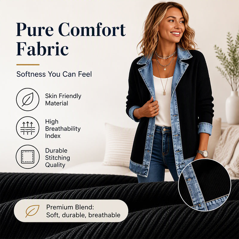 Women’s Elegant Denim Spliced Ribbed Knit Coat