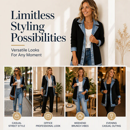 Women’s Elegant Denim Spliced Ribbed Knit Coat