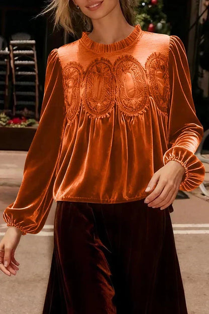 🎅 HOLIDAY HAUL SALE✨Women's Long Sleeve Velvet Trim Lace Blouse Elegant Flared Swing Top