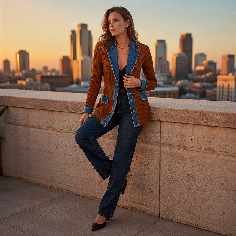 Women’s Elegant Denim Spliced Ribbed Knit Coat