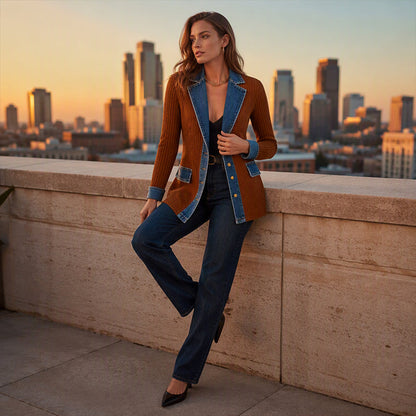 Women’s Elegant Denim Spliced Ribbed Knit Coat