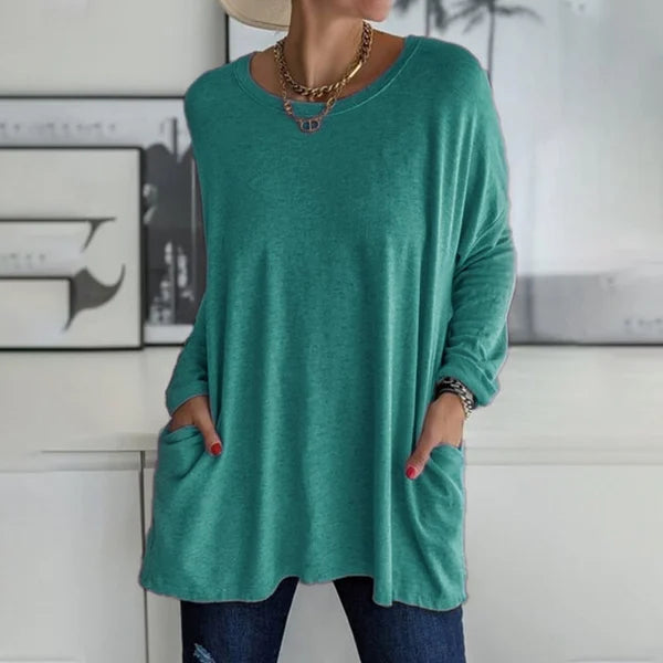 🔥Women's Round Neck Long Sleeve Loose Pocket T-Shirt