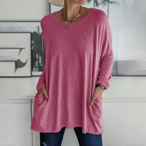 🔥Women's Round Neck Long Sleeve Loose Pocket T-Shirt