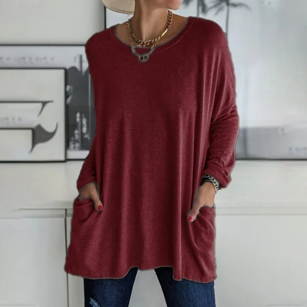 🔥Women's Round Neck Long Sleeve Loose Pocket T-Shirt