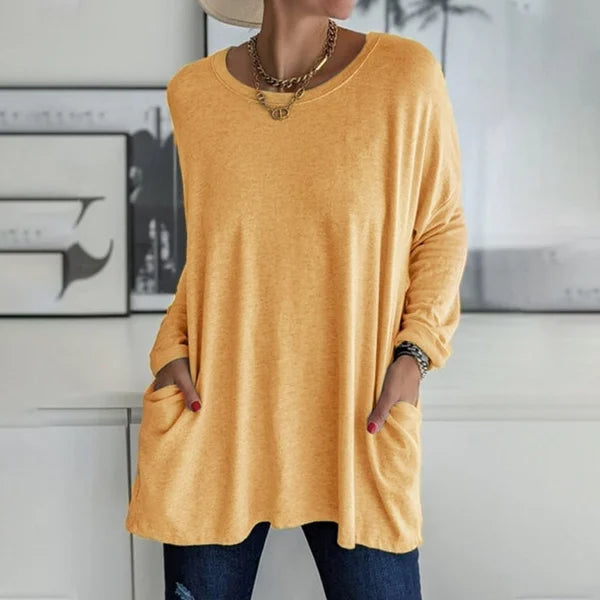 🔥Women's Round Neck Long Sleeve Loose Pocket T-Shirt