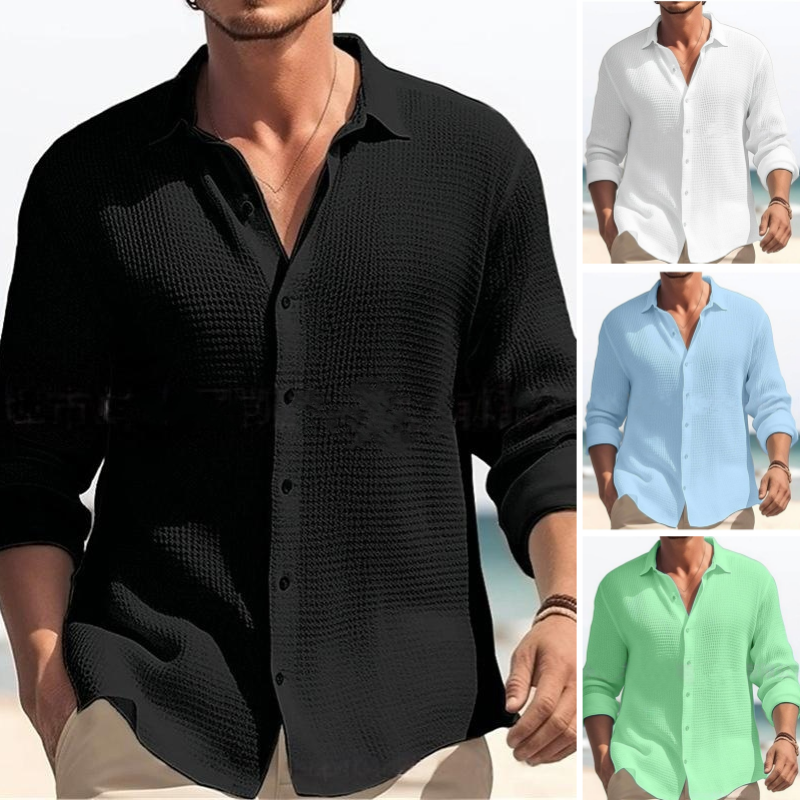 Men's Casual Solid Color Waffle Textured Long Sleeve Lapel Shirt