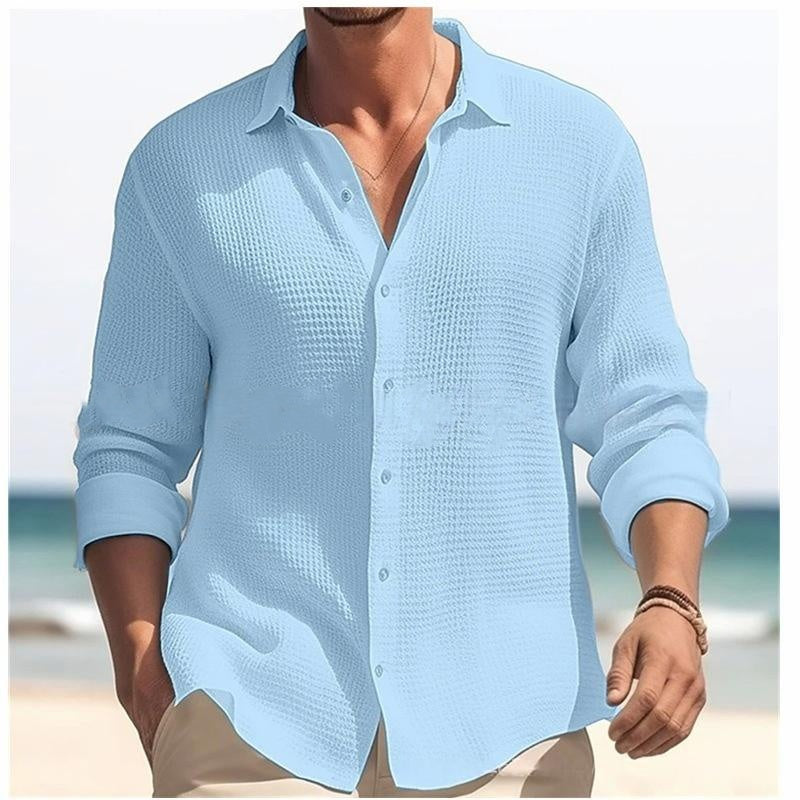 Men's Casual Solid Color Waffle Textured Long Sleeve Lapel Shirt