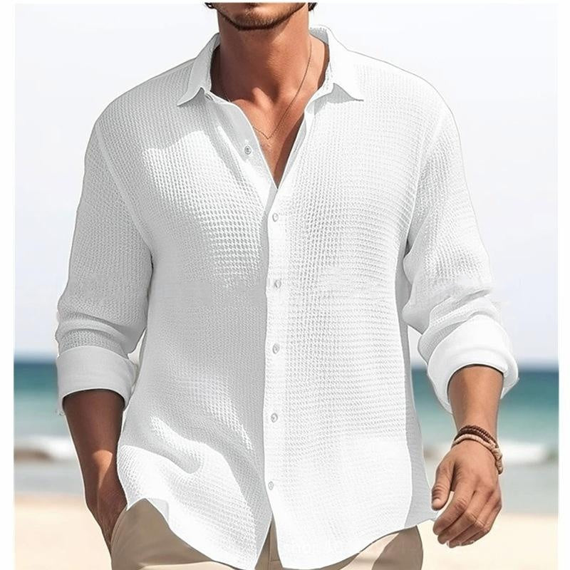 Men's Casual Solid Color Waffle Textured Long Sleeve Lapel Shirt