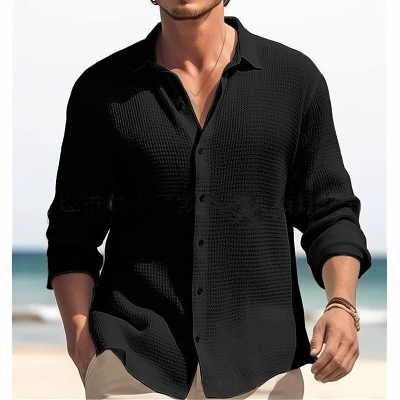 Men's Casual Solid Color Waffle Textured Long Sleeve Lapel Shirt