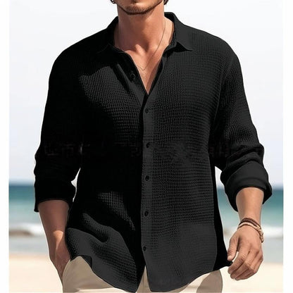 Men's Casual Solid Color Waffle Textured Long Sleeve Lapel Shirt