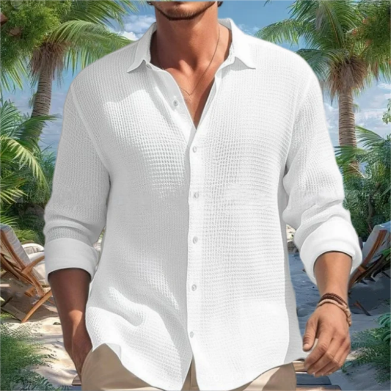 Men's Casual Solid Color Waffle Textured Long Sleeve Lapel Shirt