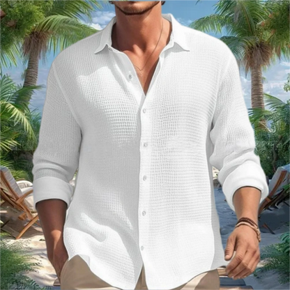 Men's Casual Solid Color Waffle Textured Long Sleeve Lapel Shirt