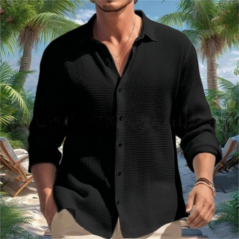 Men's Casual Solid Color Waffle Textured Long Sleeve Lapel Shirt