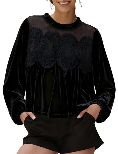 🎅 HOLIDAY HAUL SALE✨Women's Long Sleeve Velvet Trim Lace Blouse Elegant Flared Swing Top