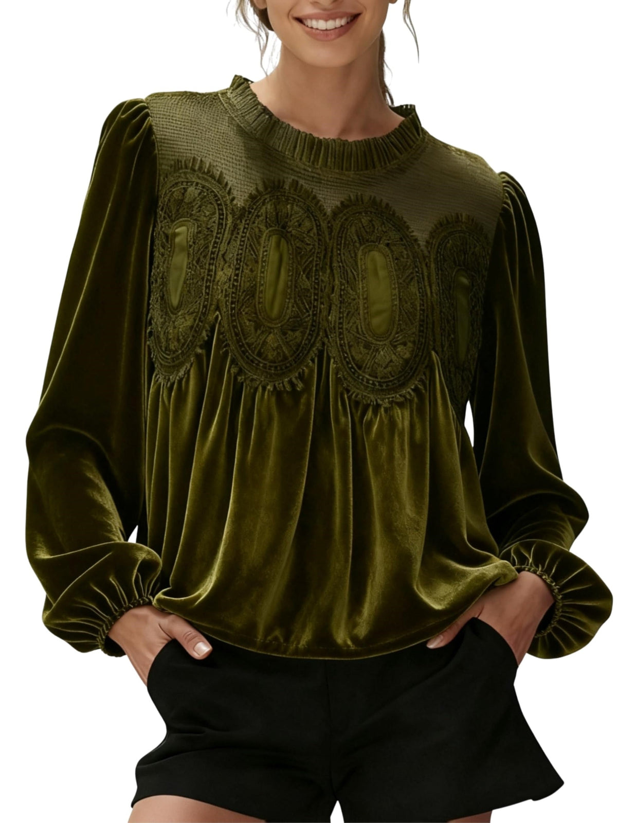 🎅 HOLIDAY HAUL SALE✨Women's Long Sleeve Velvet Trim Lace Blouse Elegant Flared Swing Top