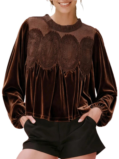 🎅 HOLIDAY HAUL SALE✨Women's Long Sleeve Velvet Trim Lace Blouse Elegant Flared Swing Top