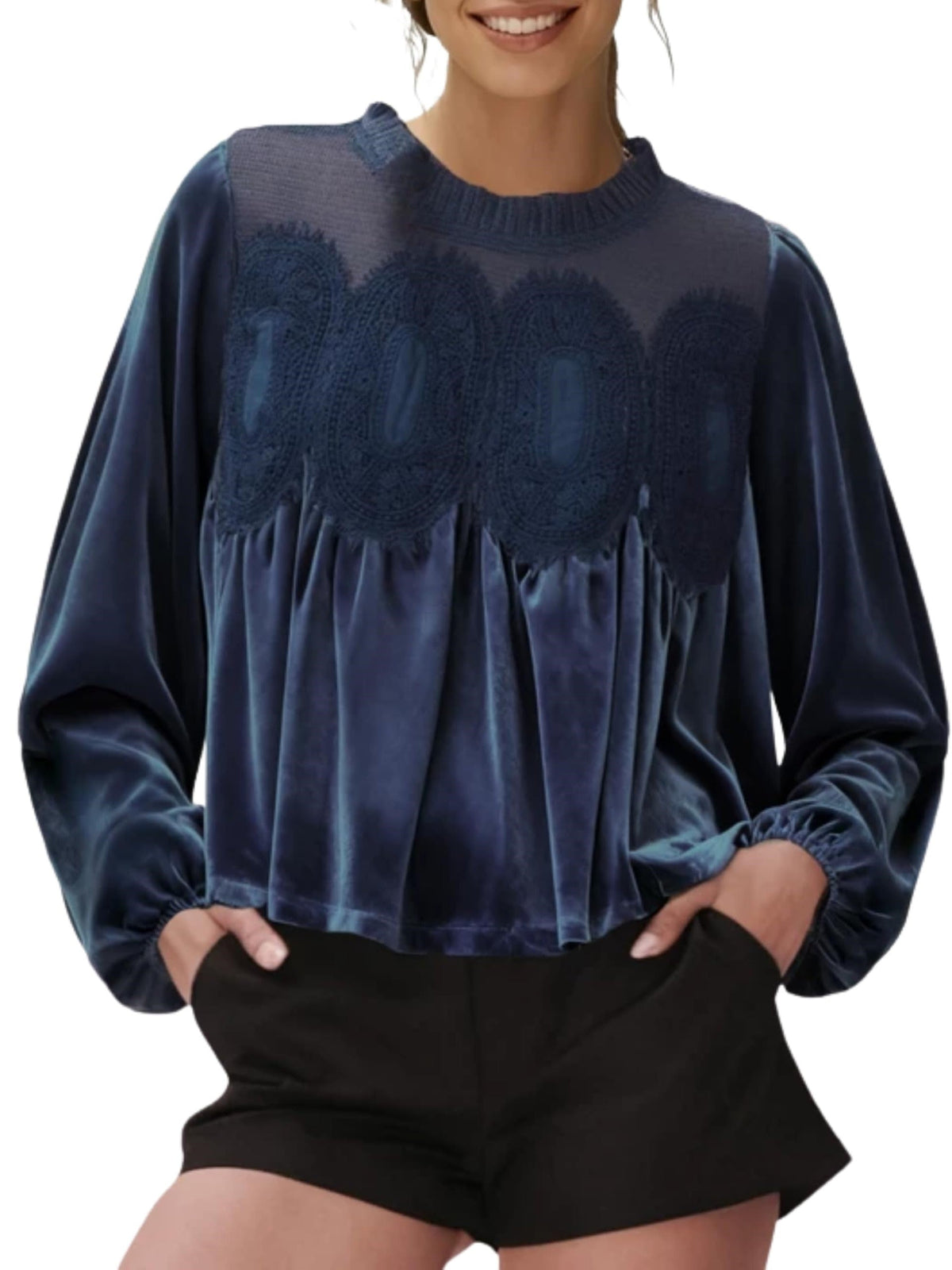 🎅 HOLIDAY HAUL SALE✨Women's Long Sleeve Velvet Trim Lace Blouse Elegant Flared Swing Top