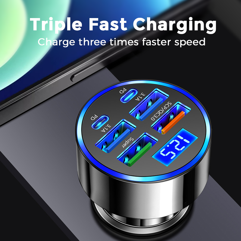 6-In-1 Car Fast Phone Charger with Voltage Display