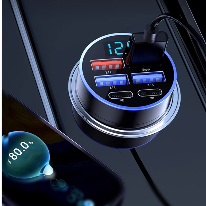 6-In-1 Car Fast Phone Charger with Voltage Display