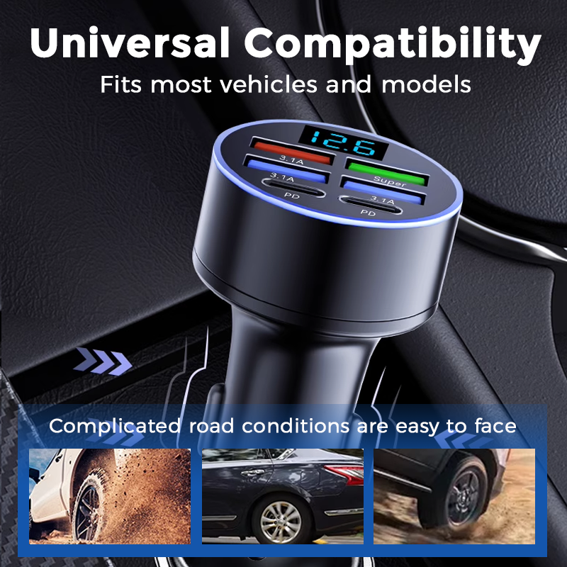 6-In-1 Car Fast Phone Charger with Voltage Display