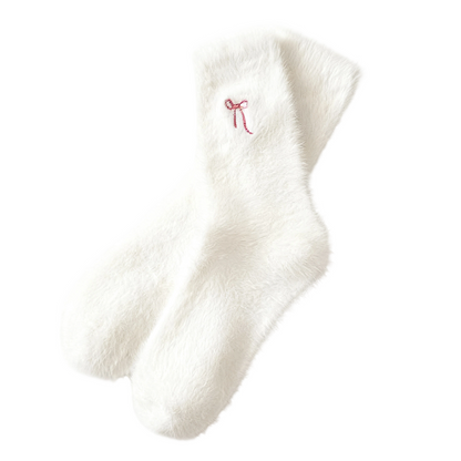 3Pairs Women's Plush Mink Socks with Bow Embroidery