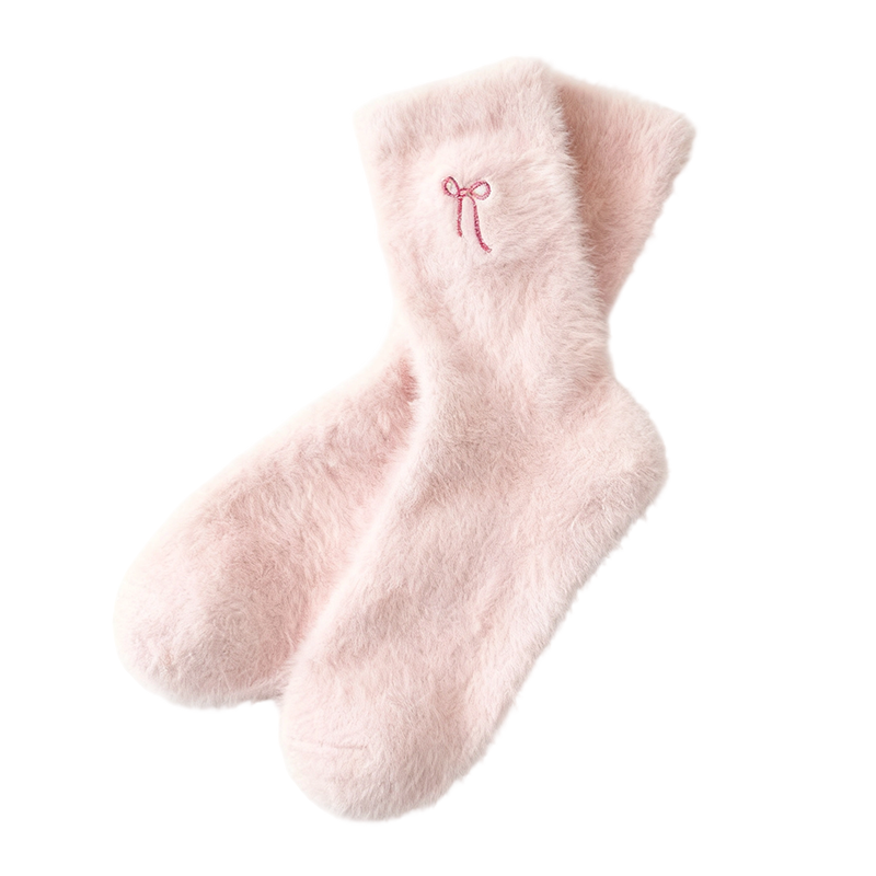 3Pairs Women's Plush Mink Socks with Bow Embroidery