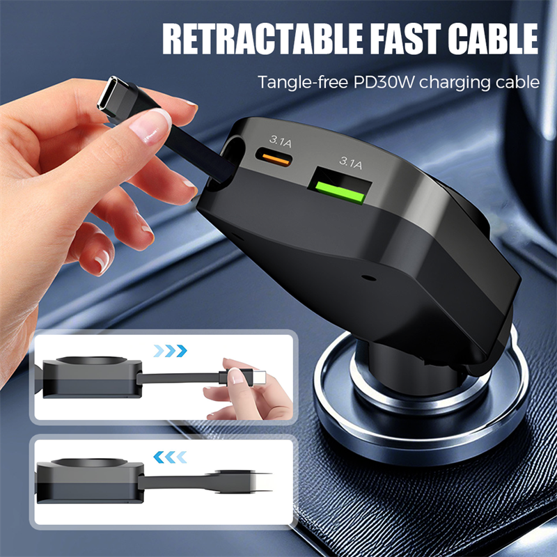 PD30W 4-in-1 Car Retractable Charger with Ambient Light