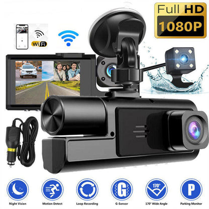 🚗🎥 50% OFF! Dash Cam 3 Cameras 1080P HD – Front + Interior + Rear with Reverse 🔥