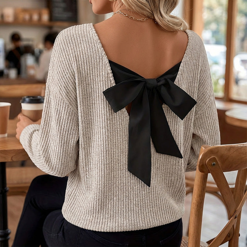🎀 Elegant Back Detail | Women’s V-Neck Knit Sweater