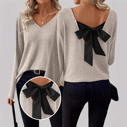 🎀 Elegant Back Detail | Women’s V-Neck Knit Sweater