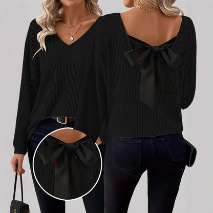 🎀 Elegant Back Detail | Women’s V-Neck Knit Sweater