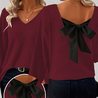 🎀 Elegant Back Detail | Women’s V-Neck Knit Sweater