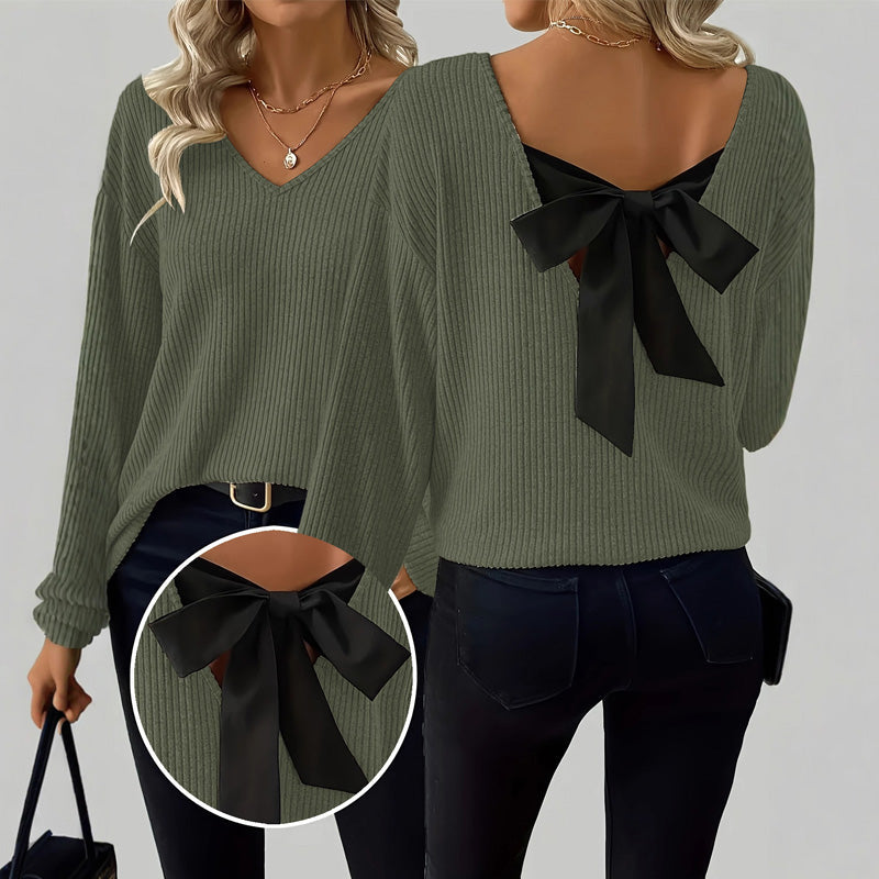 🎀 Elegant Back Detail | Women’s V-Neck Knit Sweater
